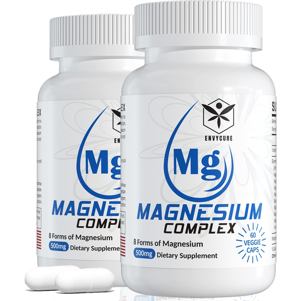 Magnesiumkompleks Supplement 8 Former, 500 mg Magnesiumglycinat, malat, citrat, høj Absorption Mg for ro, søvn, mood & sund muskel, pakke med 2, Total 120 Vegankapsler