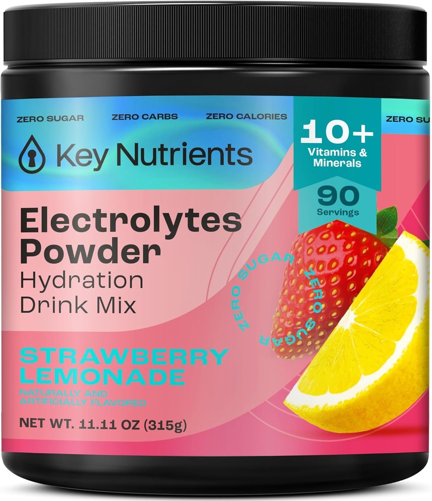 KEY NUTRIENSER Elektrolyter Powder No Sugar - Juicy Strawberry Lemonade Electrolyte Powder - Hydrering Powder - Ingen kalorier, Gluten Free Keto Electrolytes Powder - 90 Servering - Made in USA