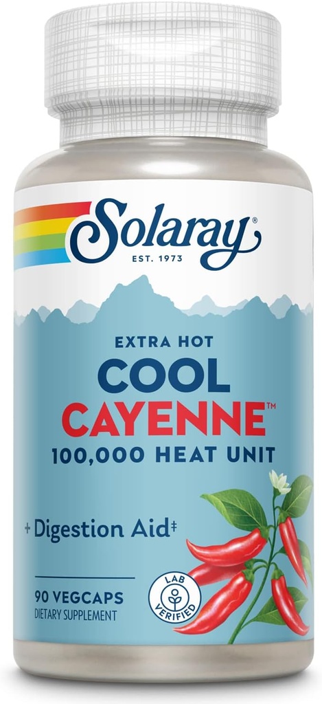 SOLARAY Extra Hot Cool Cayenne 100,000 HU - Traditional Folk Remedy and Digestion Aid - Bio-Cool Process - Lab Verified, GMP Facility, 60-Day Guarantee - 45 Servings, 90 VegCaps