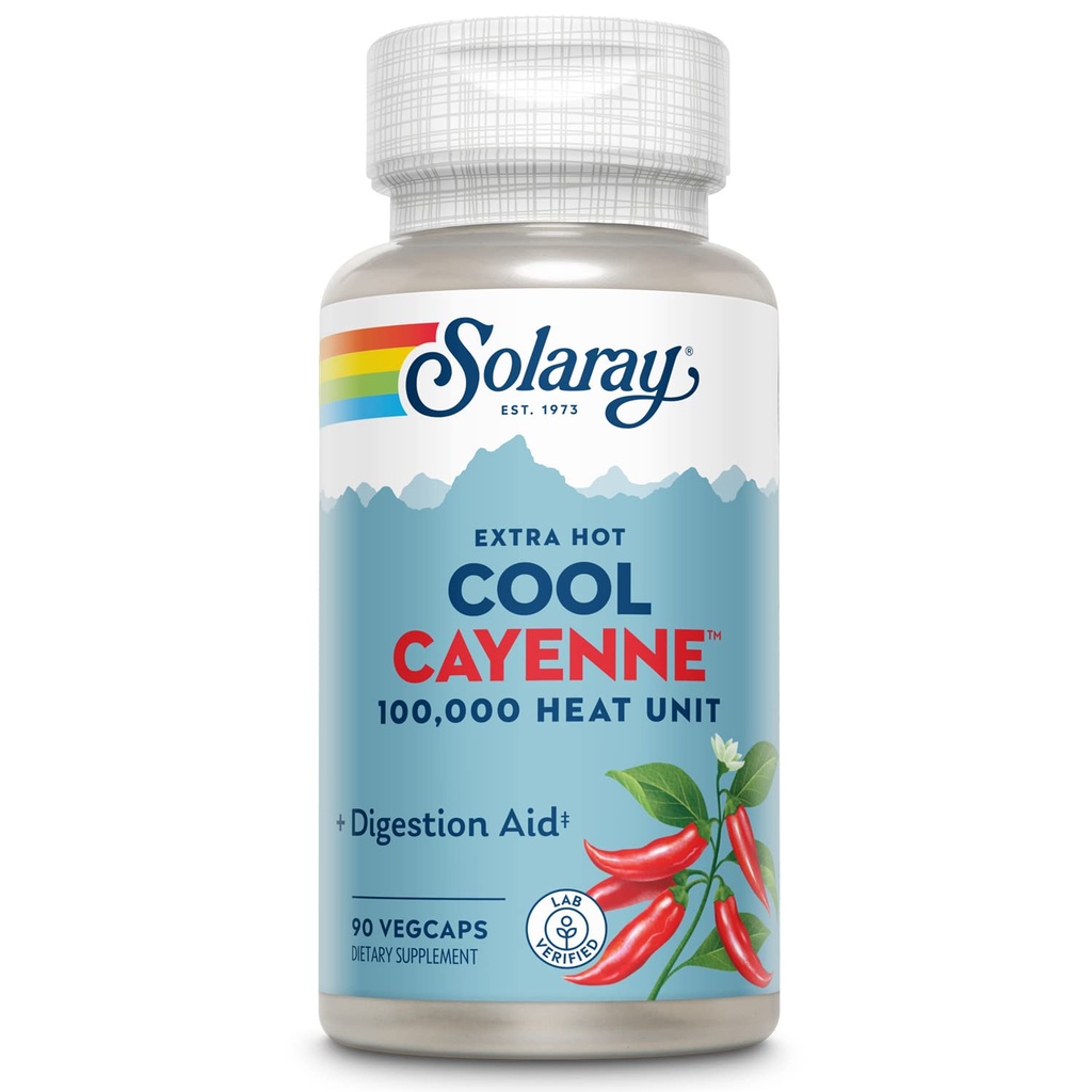 SOLARAY Extra Hot Cool Cayenne 100.000 HU - Traditionel Folk Remedy og fordøjelsesstøtte - Bio- Cool Process - Lab Verified, GMP facilitet, 60- dag garanti - 45 Servering, 90 VegCaps