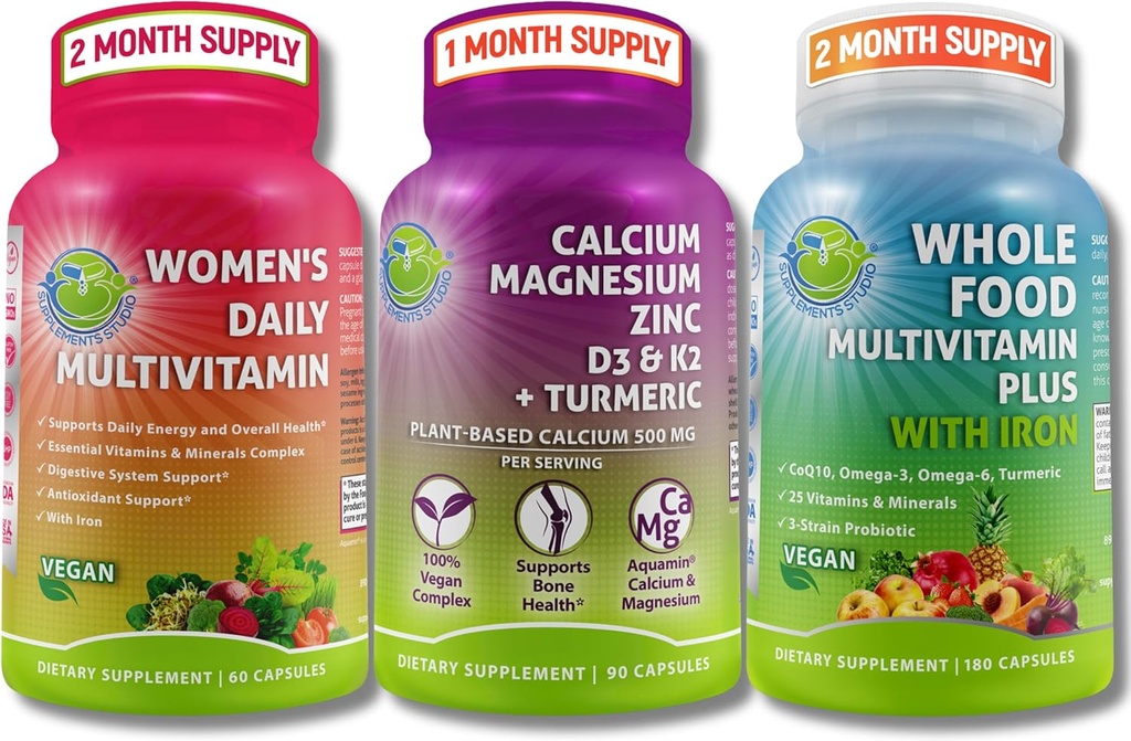 Vegansk multivitaminer og kalciumtrio- hele fødevarer Multivitamin med jern + kvinders daglige multivitamin med jern + plantbaseret calcium, magnesium, zink, D3, K2 & gurkemeje - energi, ben og immunforsvar
