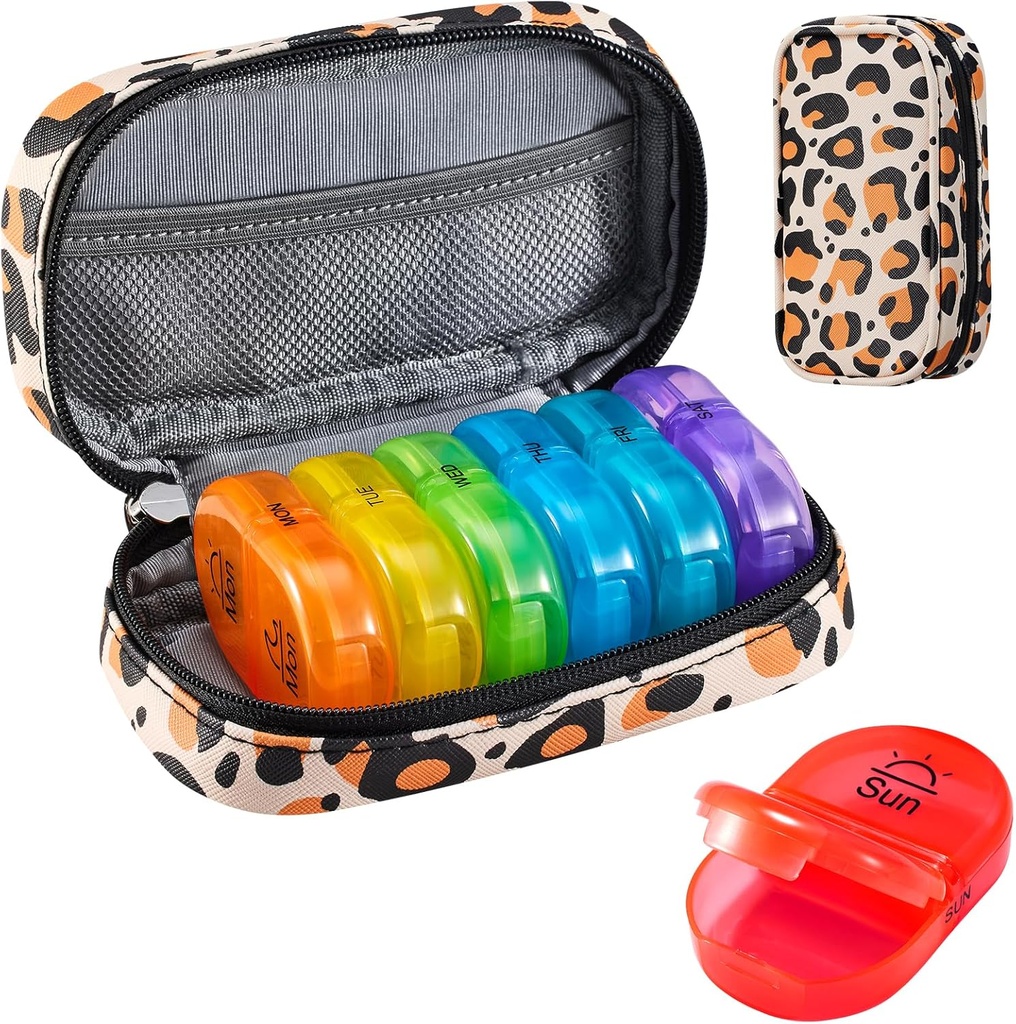 Serfeymi Weekly Travel Pill Organizer 2 gange en dag PM opgraderet Rainbow Pill Box 7 dag med transportabel lynlås PU læder pill sag, Medicin Organizer til piller, Vitaminer, fiskeolier - Brown 02