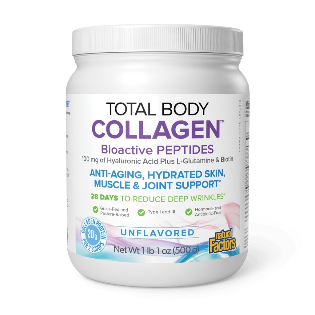 Naturlige faktorer i alt Body Collagen - Bioactive Collagen supplement til hår & negle vækststøtte - Sund hud supplement med protein, C-vitamin & mere - Ikke-aromatiseret, 500 g (38 Servere)