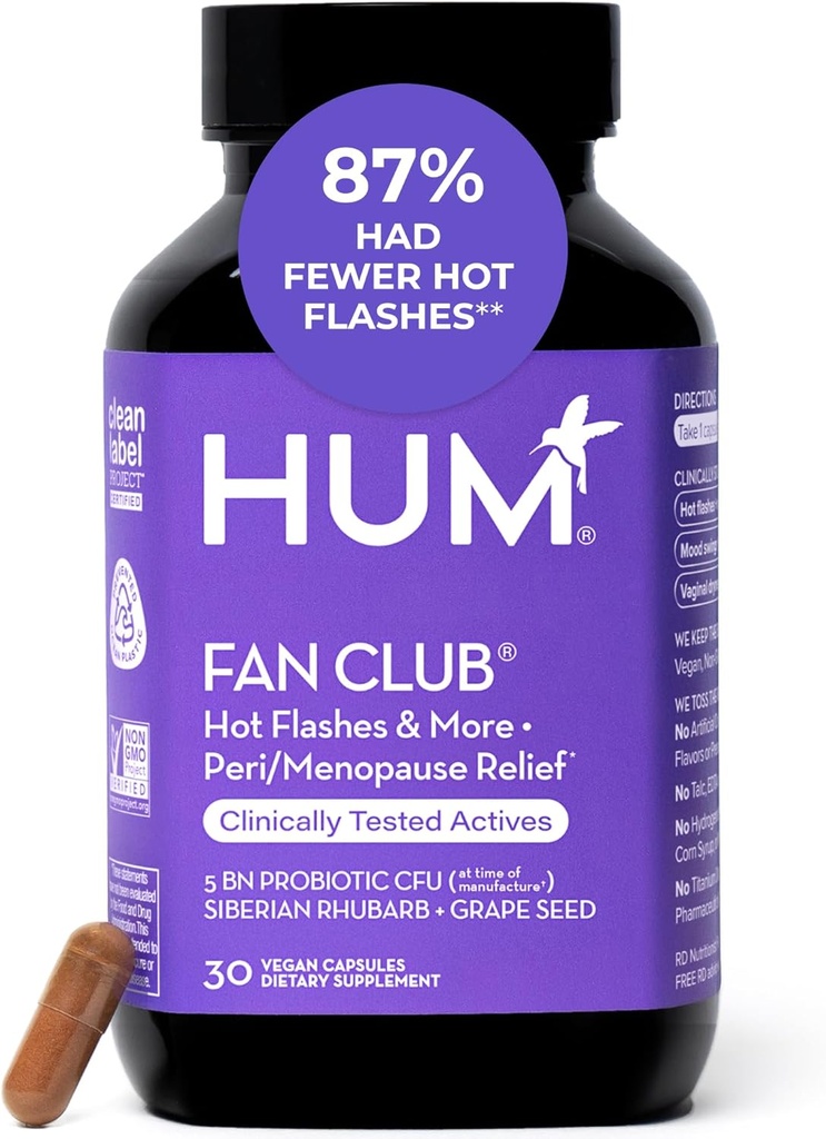 HUM Fan Club Menopause Probiotisk supplement, Østrogen Gratis Menopause Kosttilskud til kvinder, Non Hormonal, Understøtter Energy & Hot Flashs, Grape Seed Extract & Siberian Rabarber, 30 Vegansk Kapsler