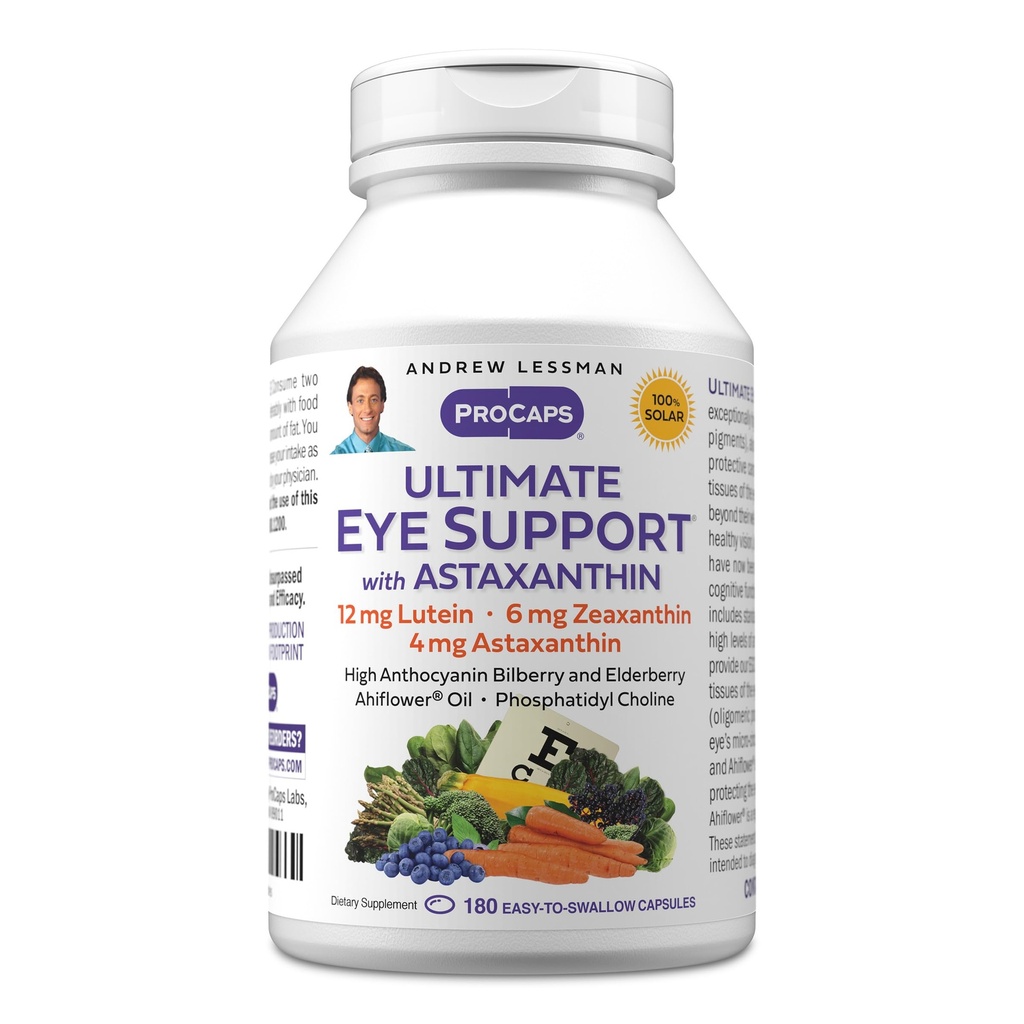 ANDREW LSSMAN Ultimate Eye Support med Astaxanthin 180 Softgels - 12mg Lutein, 6mg Zeaxanthin, 4mg Astaxanthin, Bilberry. Vigtige næringsstoffer til støtte øje sundhed, fremme sund vision. Ingen tilsætningsstoffer