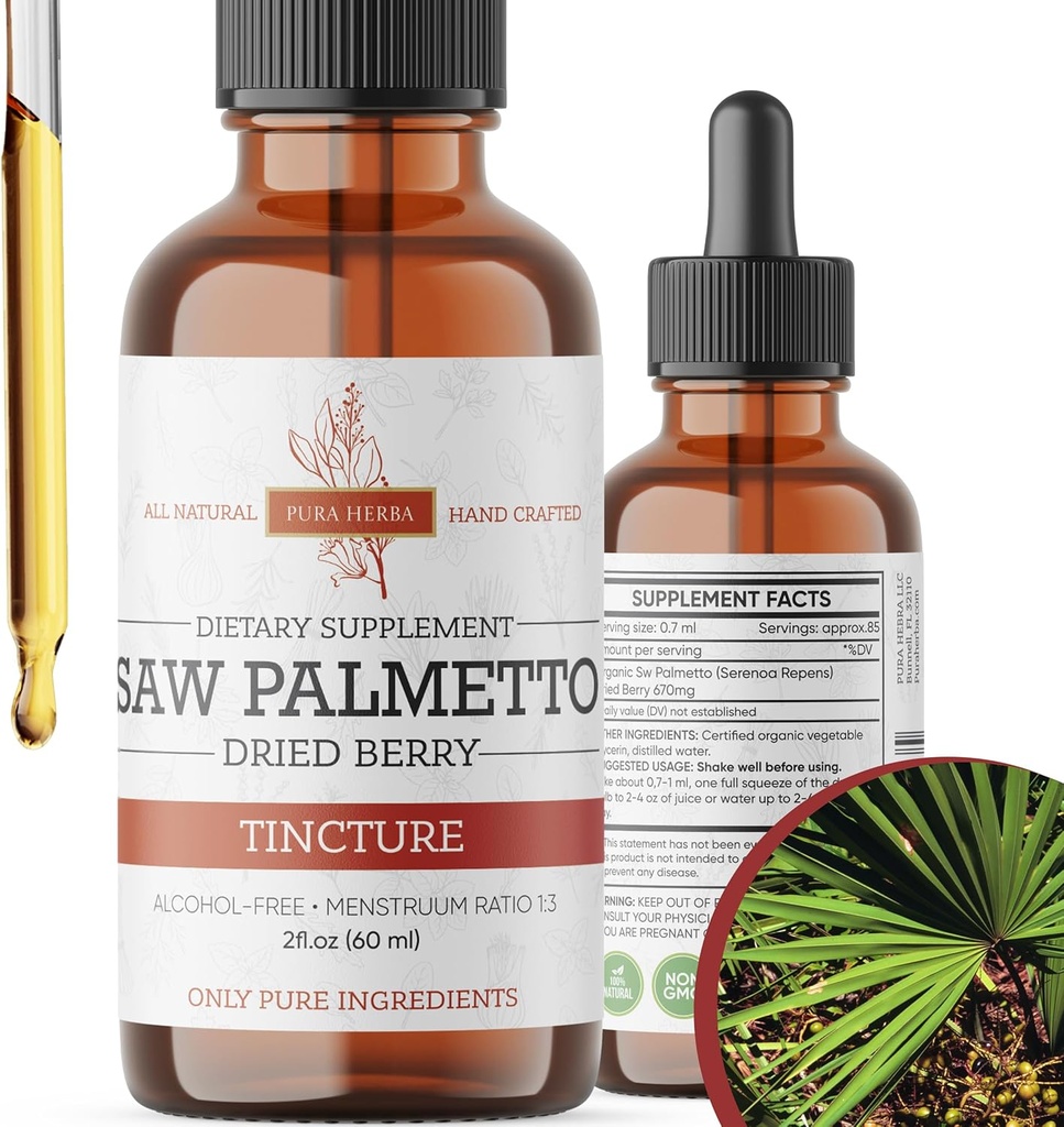 Saw Palmetto Tincture against 124; Premium Alcohol- Free Herbal Extract fra Saw Palmetto Berries against 124; Flydende botanisk supplement