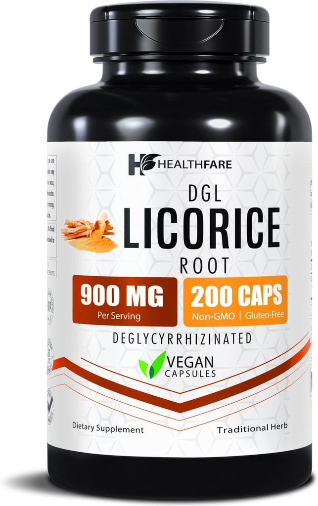 Healthfare Licorice Root Extract 900mg Tél 124; 200 Vegan Kapsler DGL Supplement 124; Ekstra styrke Herbal Formel 124; Non- GMO, Gluten- Free