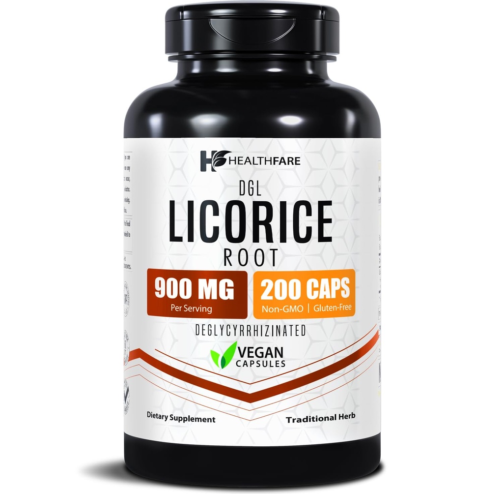 Healthfare Licorice Root Extract 900mg Tél 124; 200 Vegan Kapsler DGL Supplement 124; Ekstra styrke Herbal Formel 124; Non- GMO, Gluten- Free