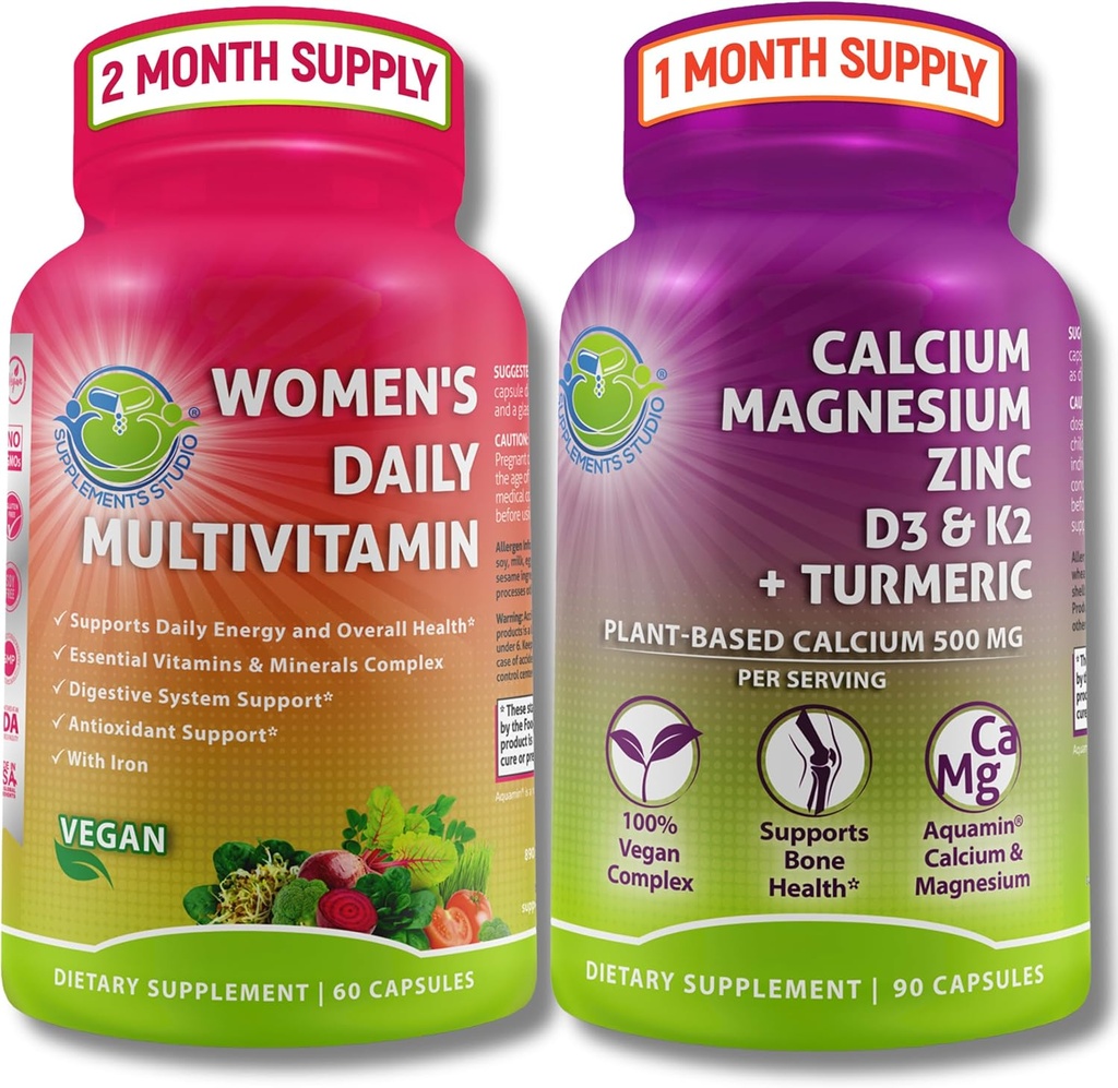 SUPPLEMENTER STUDIO Omfattende Wellness & Bone Health Bundle - Women 's Daily Multivitamin with Iron + Plant- Based Calcium, Magnesium, Zink, D3, K2 & Gurkemeje - Vegan, Non- GMO, Rene ingredienser