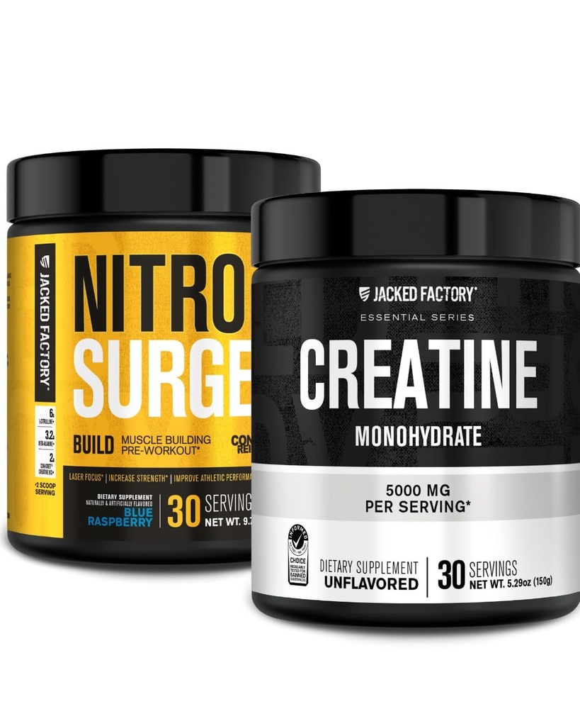 Jacked Factory Nitrovolume Build Pre Workout med Creatin for Muscle Building (30 Servere, Blå Hindbær) & Creatin monohydrat pulver til Muscle Growth & Recovery (30 Servere, Unflavored)