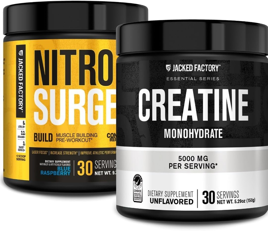 Jacked Factory Nitrovolume Build Pre Workout med Creatin for Muscle Building (30 Servere, Blå Hindbær) & Creatin monohydrat pulver til Muscle Growth & Recovery (30 Servere, Unflavored)