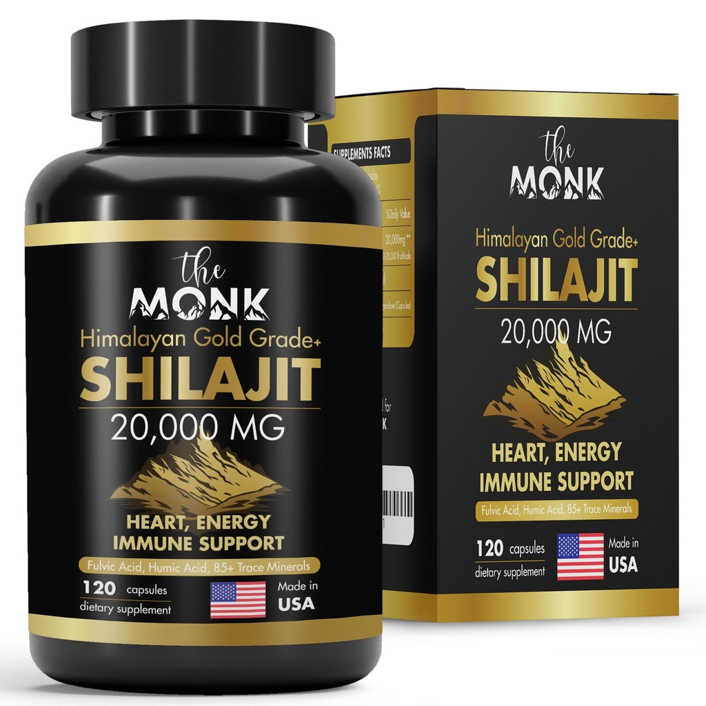 Organic Shilajit med Fulvic Acid, Humanic Acid, 85 + Mineral- Gold Grade Plus - Det samme som Resin - Energi, Stamina, Brain Support - 120 Kapsler - Made in USA