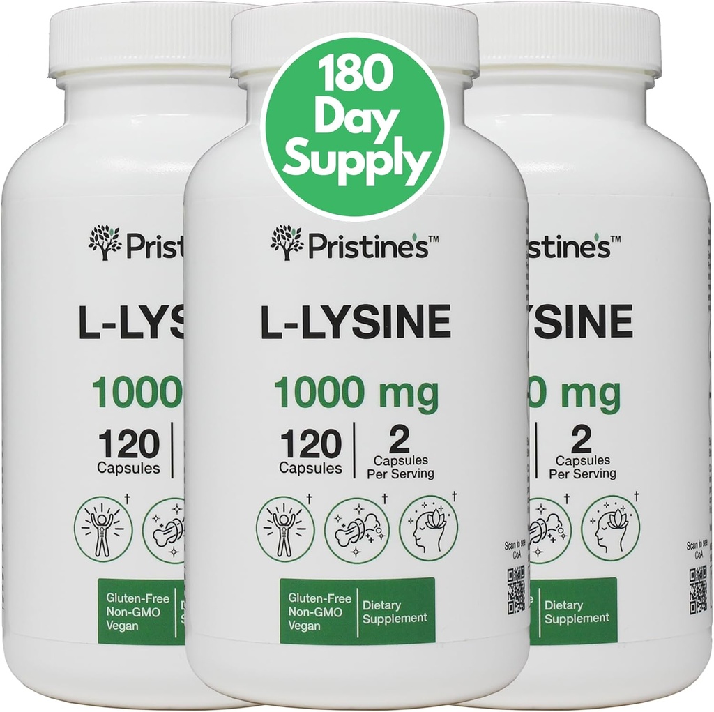 PRISTINE 'S L Lysin 1000mg (3 Pack) Lip & Gum Health Essential Aminosyre Immunity Support Kapsler -180 Day Supply Muscle & Tissue Support - Collagen Production - Vegan Gluten Free Non GMO
