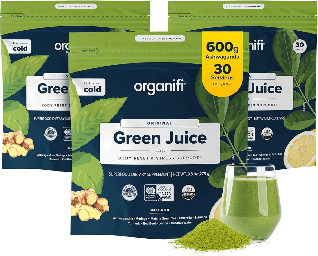 Organifi Green Juice - Organic Superfood Powder - 90- Day Supply - Organic Vegan Green - Hjælper Reducering Cortisol - Giver bedre respons på stress - Understøtter vægtkontrol - Total Body Wellness