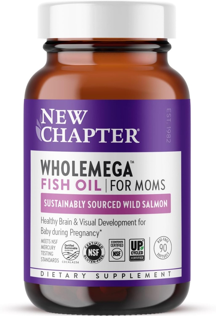 Nyt kapitel Wholemega for Moms Fish Oil Supplement, Tiny Capsules, 2000mg per servering, Prenatal DHA med Omega-3 + Vitamin D3 til Prenatal & Postnatal Support, 500mg hver - 90 Tæl