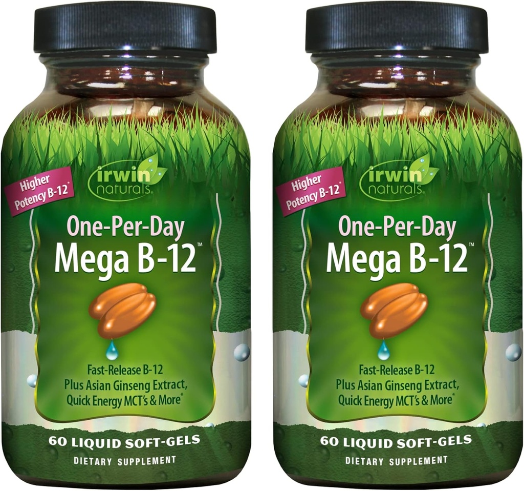 Irwin Naturals One- Per- Day Mega B- 12 1.500mcg højpotens methylcobalamin Vitamin - Hurtig forbedret absorption med MCT + Asian Ginseng - Natural Energy Boost - 60 flydende bløddele (pakke med 2)