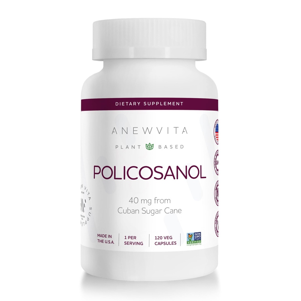 Anew Vitaㅤ Policosanol Supplement - Healthy Lipid Levels, Platelet Function & Circulation, Cuban Sourced Sugarcane, 40mg per Serving, Non-GMO, Gluten-Free - 120 Veggie Capsules, Made in USA