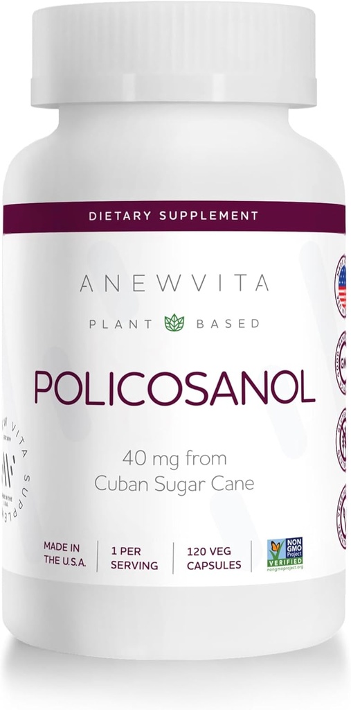 Anew Vitaceosanol Supplement - Sund Lipid Levels, Platelet Function & Circulation, Cubansk Sourced Sugarcany, 40mg per Serving, Non-GMO, Gluten- Free - 120 Veggie Kapsler, Lavet i USA
