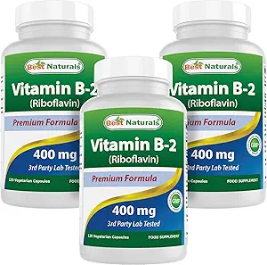 Bedste Naturals vitamin B2 (Riboflavin) 400mg - Migræne Relief - Veggie kapsler - Conezyme Precursor - 120 Greve (120 Greve (pakke med 3))