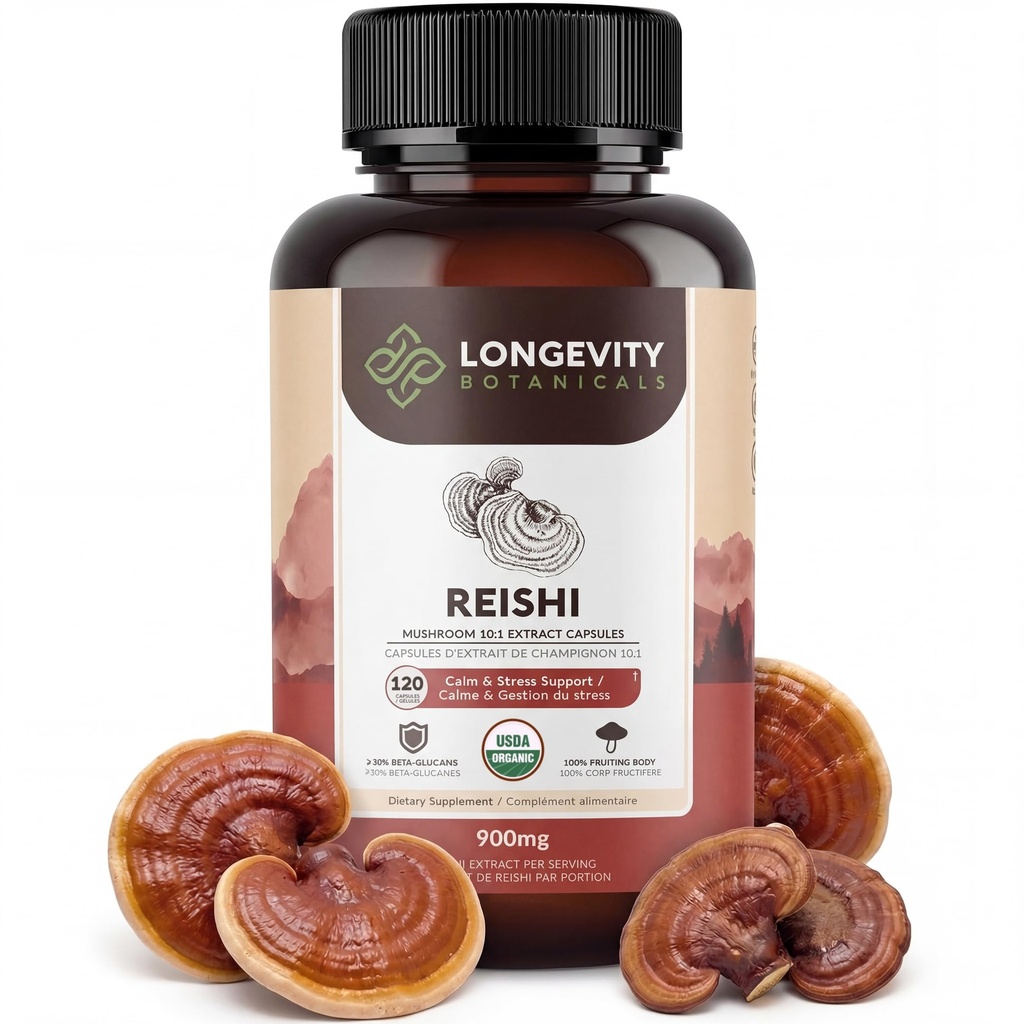 Organic Reishi Mushroom Capsules Supplement (120) - 124; Pure Fruiting Body 10: 1 High Strength Extract 124; 30% Beta- D Glucans - 124; 9,000mg rå ækvivalent Per Serving - 124; Ro, søvn & stress support