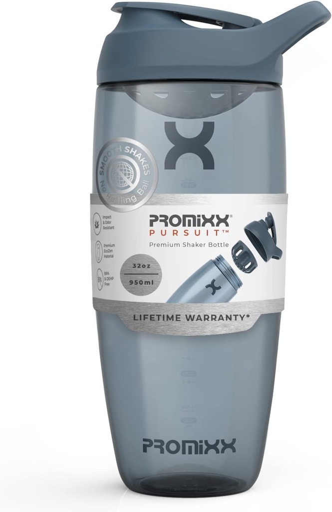 Promixx Pursuit Protein Shaker Flaske (32 oz) - Silent No- Ball Mixer, Leak- Proof Lid, BPA / BPS & Phthalate- Free ECOZEN - Easy- Clean Shaker Cup for Protein Shakes, Pre & Post- Workout Smoothies