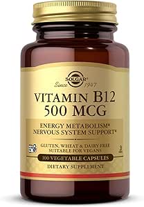 Solgar Vitamin B12 500 mcg - 100 Vegetabilske kapsler - Energi Metabolisme & Nervesystemet Support - Non- GMO, Vegan, Gluten & Dairy Free, Kosher, Halal - 100 Servere