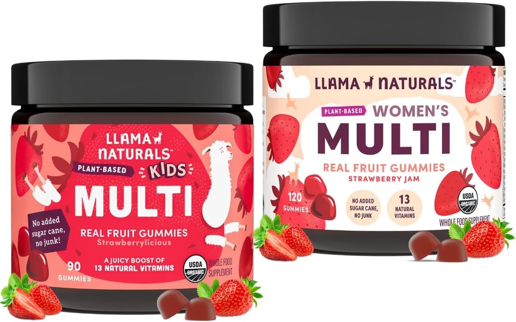 Llama Naturals Real Fruit Multivitamin Gummies against 124; Kids & Women 's Whole Measure- Based Vitumes against 124; No Added Cane Sugar against 124; Organic, Vegan, Chewable Measure- 124; 90 ct & 120 ct Measure- 124; Strawberry