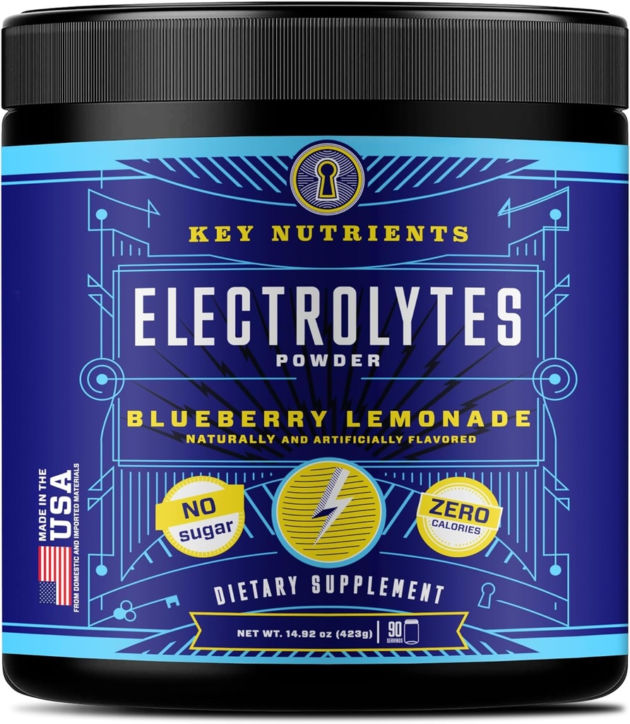 KEY NUTRIENSER Multivitamin Electrolytes Powder No Sugar - Frisk blåbær Lemonade Electrolyte Powder - Endurance & Energy Supplement - Hydration Drink - Ingen kalorier - 90 Servering - Made in USA