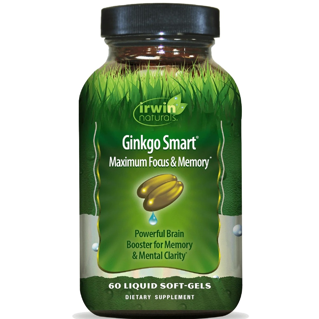 Irwin Naturals Ginkgo Smart kraftfuld Nootrop Brain Booster - understøtter maksimal hukommelse, Focus & Mental Klarhed med DMAE, Clubmoss, Cholin & Acetyl L- Carnitin - 60 flydende bløddele
