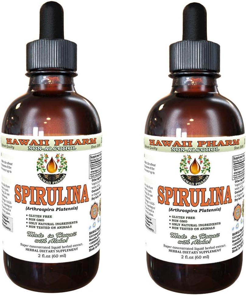 Spirulina Alkohol- Free Liquid Extract, Organic Spirulina (Arthrospira platensis) Tørret Alger Glycerite Natural Herbal Supplement, Hawaii Pharm, USA 2x2 fl.oz