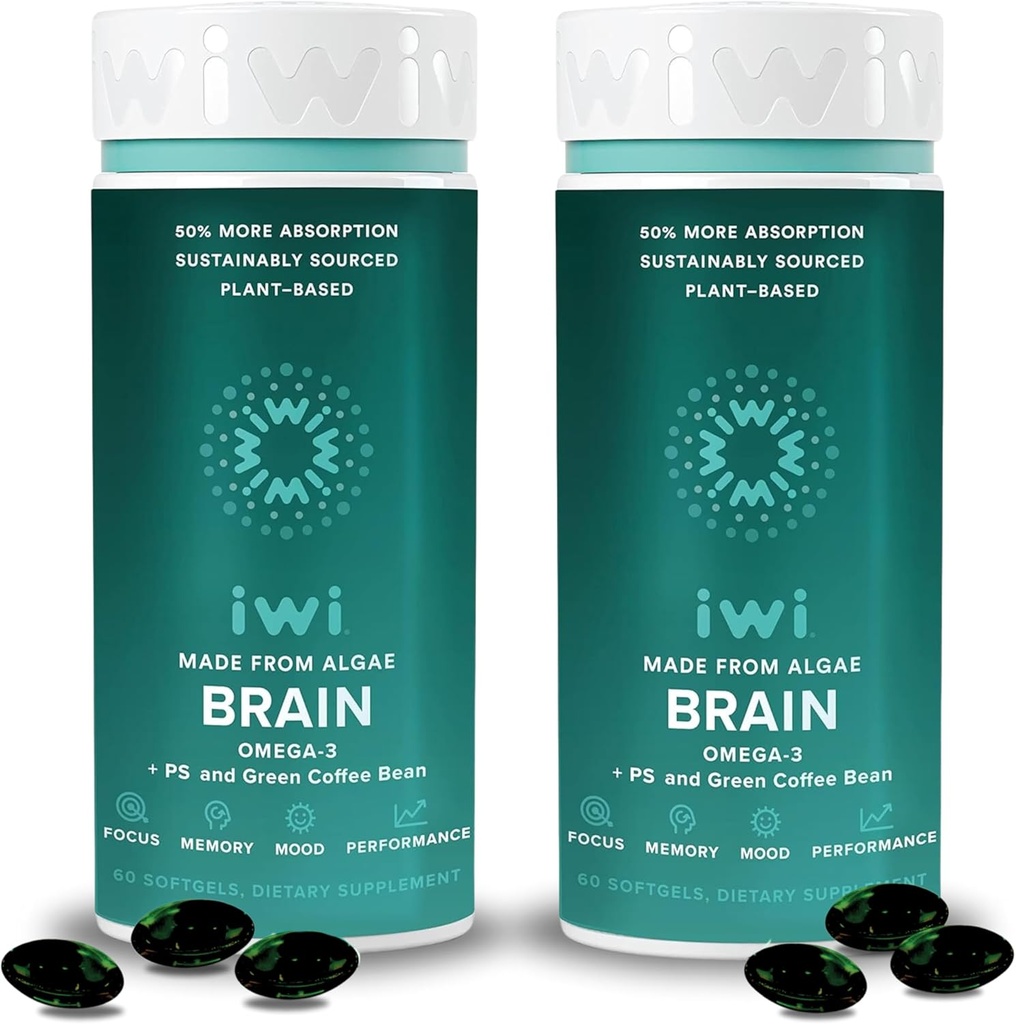 iwi life Brain Omega-3, 120 Softgels (60 Servering), Vegan Plant-Based Algae Omega-3 med EPA + DHA, Focus, Memory and Mood Support Kosttilskud, Krill & Fish Oil Alternative, Ingen Fishy Eftersmag