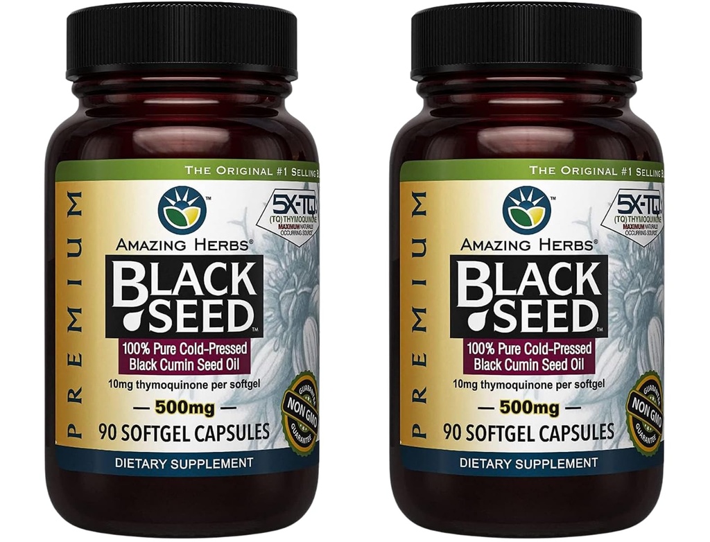 Amazing Herbs Premium Black Seed Oil Capsules - Gluten Free, Non GMO, Cold Pressed Nigella Sativa Aids in fordøjelsessundhed, immunstøtte, Brain Function - 90 Greve, 500mg (Pack of 2)