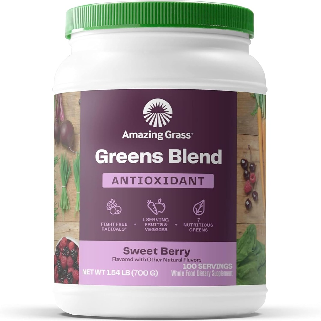 Amazing Grass Green Superfood Antioxidant: Grønne pulver med Organic Spirulina, Beet Root Powder, Elderberry & Probiotika, Sweet Berry, 100 Servere (Packaging May Vary)