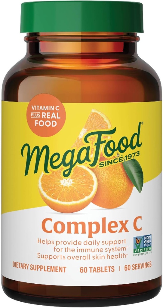 MegaFood Complex C - Vegansk immunsupporttilskud med C-vitamin 250 mg, Lavet med Real Food Inclusive Orange, Cranberry & Brown Rice, Gluten- Free, Kosher - 60 tabletter, 60 Servere
