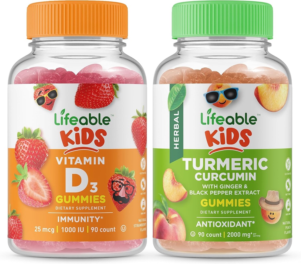 Lifeable D-vitamin Kids + gurkemeje Kids, Gummies Bundle - Great Tasting, Vitamin Supplement, Gluten Free, GMO fri, Chewable Gummy