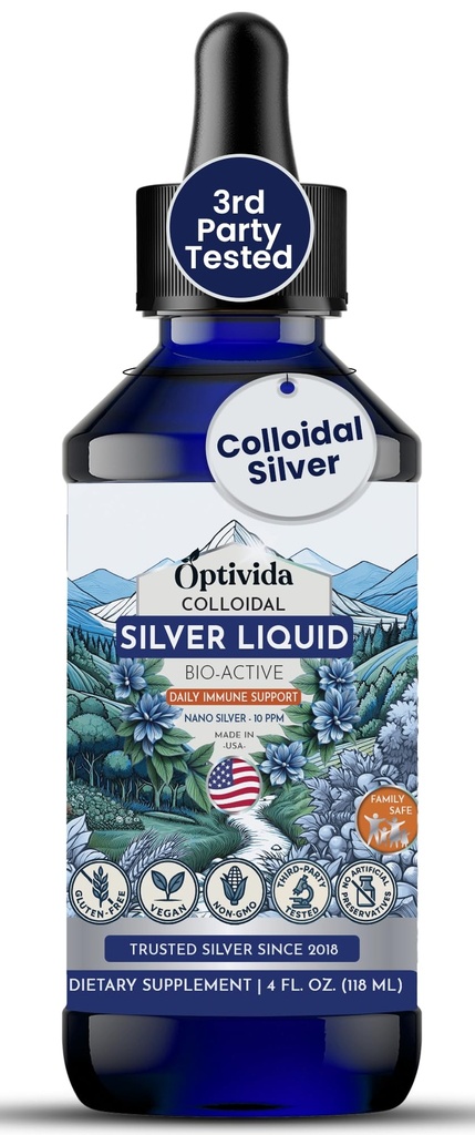 Optivida Health kolloid sølv væske (4 oz) - Premium Nano sølv kolloid supplement til daglig wellness & immunstøtte, naturlige flydende sølv hydrosol til voksne & børn, non-GMO, glutenfri