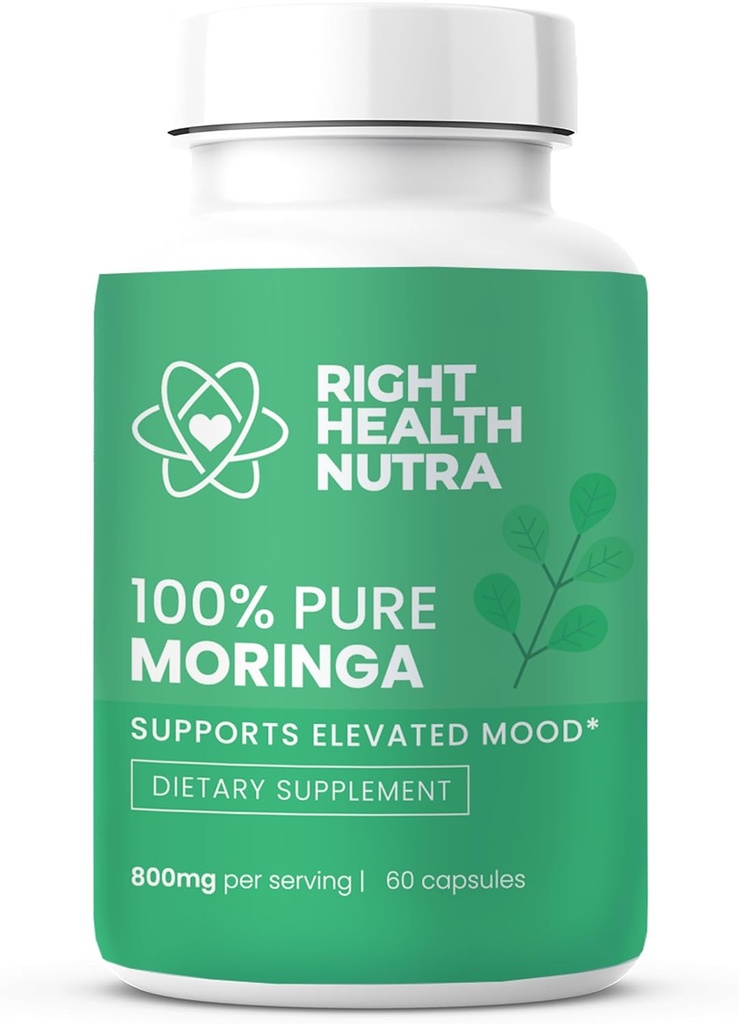 Right Health Nutra - 100% Pure Moringa 800mg - 60 kapsler - Kosttilskud til Brighter Mood, Forbedret koncentration, og befæstet hukommelse - med vitaminer, mineraler og nærende næringsstoffer