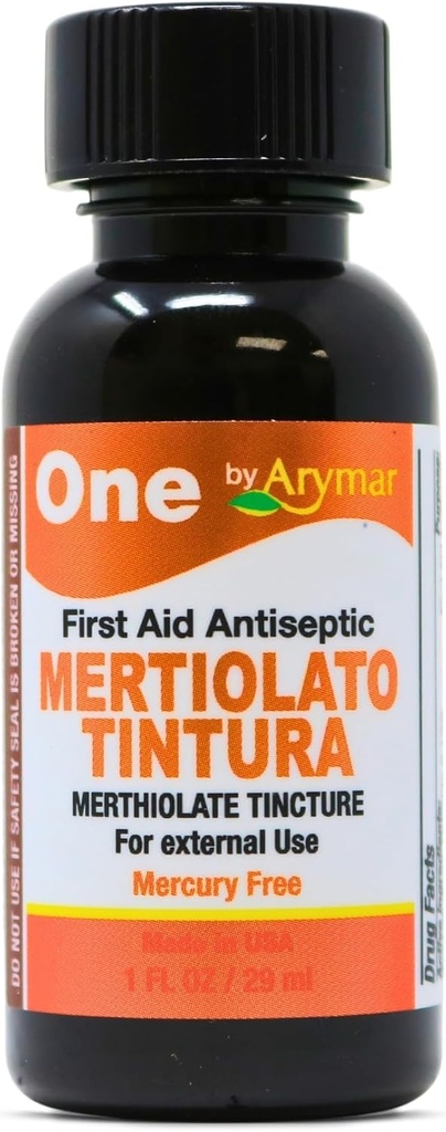 Arymar Mertiolato Tincture 1 fl oz. Antiseptisk opløsning til mindre udskæringer, skraber & brænder.