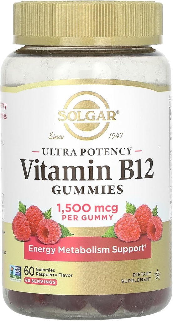 Solgar Methyl B12 Gummies for Adults 1,500mcg Ultra Potency Vitamin for Energy & Metabolism Support, Raspberry Flavor, Vegan & Gluten-Free Gummy for Women & Men, 2 Month Supply, 60 Servings, 2g Sugar