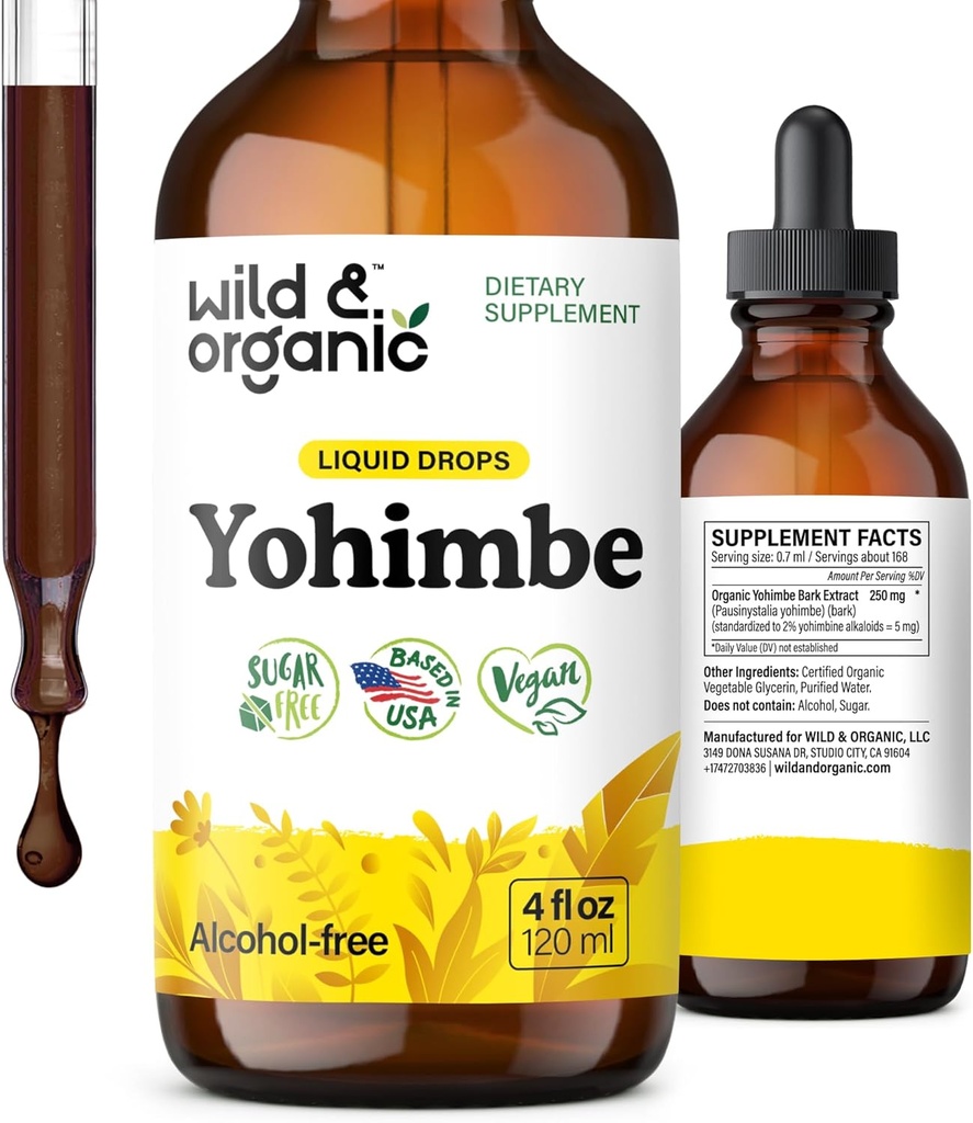 Wild & Organic Yohimbe Kosttilskud til mænd og kvinder - 5 mg Yohimbine Extract Tinktur - Alkohol- Free Yohimbe Bark Drops - Vegan, Non- GMO & sukkerfri - 4 fl oz