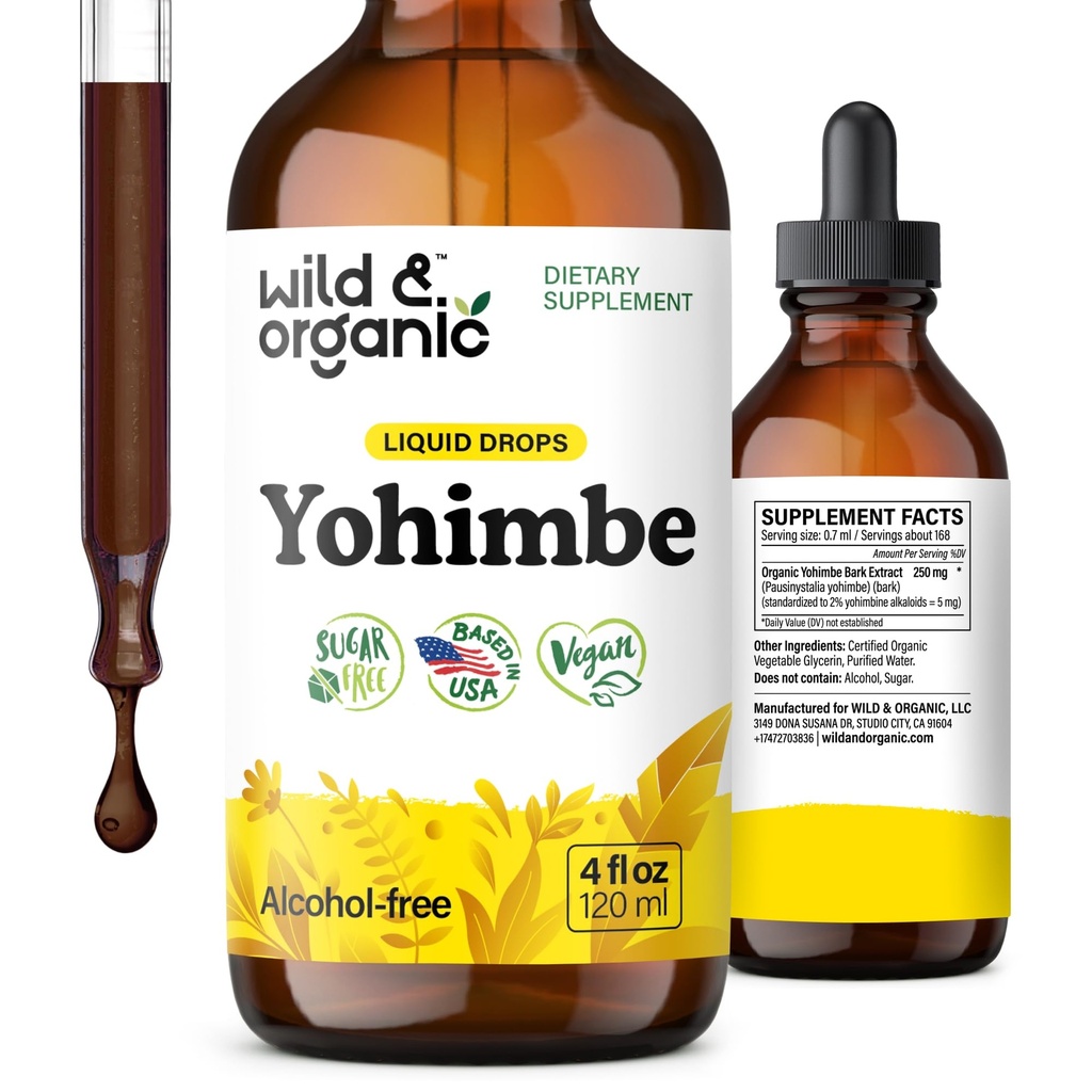 Wild & Organic Yohimbe Kosttilskud til mænd og kvinder - 5 mg Yohimbine Extract Tinktur - Alkohol- Free Yohimbe Bark Drops - Vegan, Non- GMO & sukkerfri - 4 fl oz