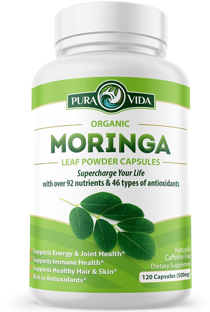 PURA VIDA MORINGA Capsules Single Origin Moringa Powder Organic. Pure Moringa Leaf. Energi, Metabolisme, & immunforsvar. 120ct. 500mg Caps.