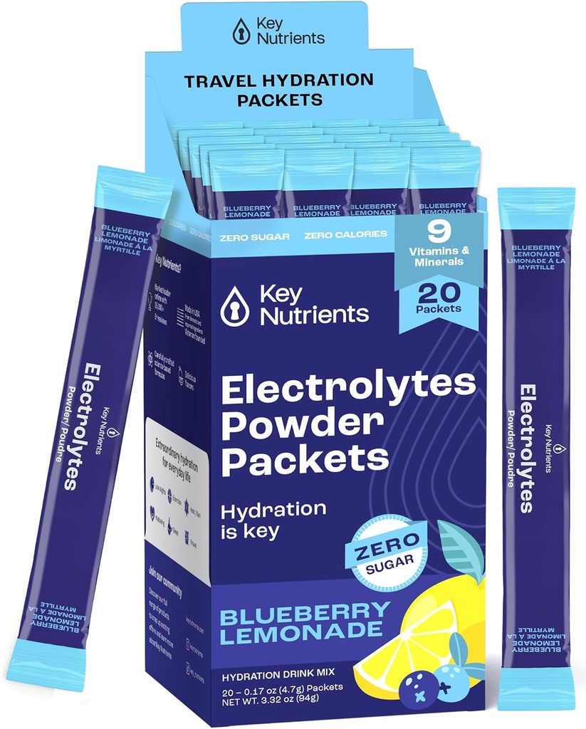 KEY NUTRIENSER Multivitamin Electrolytes Powder Packets - Lækker blåbær Lemonade 20 Pack Hydration Packets - Rejse Hydration Powder - Ingen sukker, Ingen kalorier, Gluten Free - Made in USA