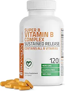 Bronson Super B vitamin B kompleks Vedvarende langsom frigivelse (vitamin B1, B2, B3, B6, B9 - folsyre, B12) Indeholder alle B vitaminer 120 tabletter