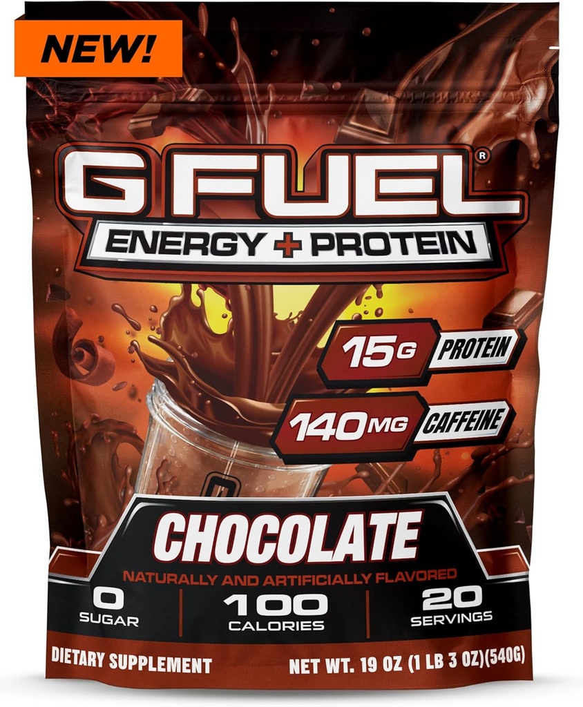 G Fuel Protein + Energy Drink Powder, Pre Workout Koffein Mix til Gaming, Sugar Free Focus Amino, Vitamin + Antioxidanter, 19oz (Chokolade, 20 Servere)