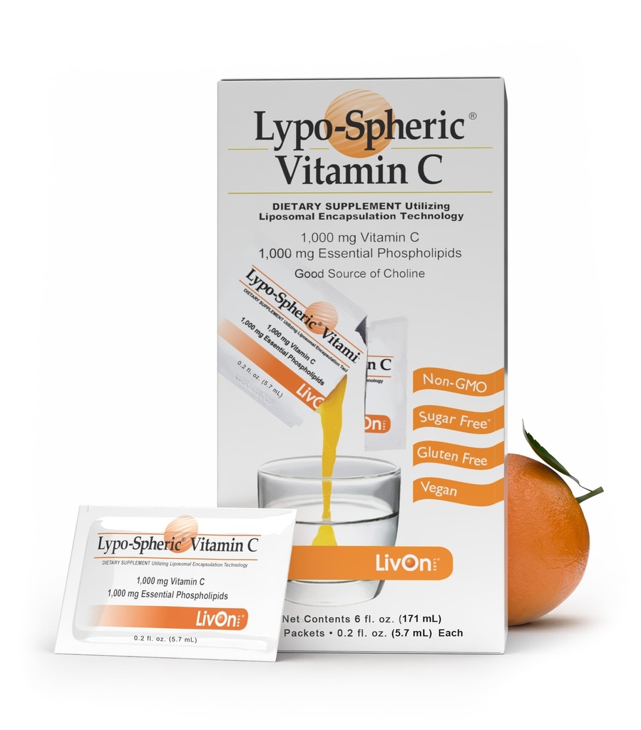 LivOn Laboratories Lypo- Spheric Vitamin C, 1000 mg Vitamin C & 1000 mg Essential Phospholipids Per Packet, Liposome Encapsulated for Forbedret Absorption, 100% Non- GMO, 1 Carton, 0,2 Fl Oz (pakke med 30)