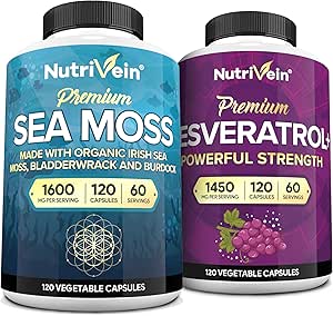 Nutrivein Premium Sea Moss Kapsler & Resveratrol Supplement Bundle: High- Absorption Resveratrol Kapsler og Irish Sea Moss til fordampning, Vitality, & Reparation