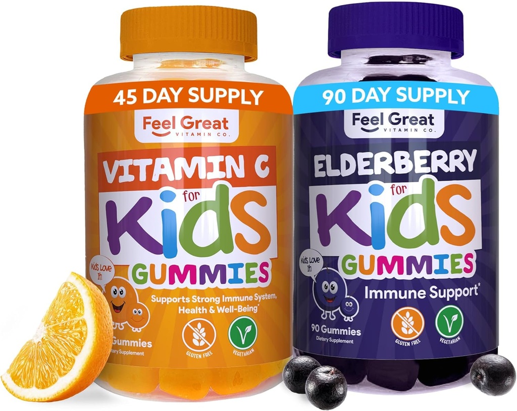 Føl stor immunstøtte Gummier for børn Duo - 90 dages forsyning - Zink, C-vitamin, Elderberry - Gluten Free, Plant Based - Tasty Berry & Citrus Gummies