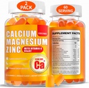 Calcium Magnesium Gummier for kvinder Mænd: 1200mg Calcium Citrat Zink Gummy med vitamin C D3 K2 - Vegansk sukker fri Chewable High Absorption Enegy immunforsvar supplement (120Count)