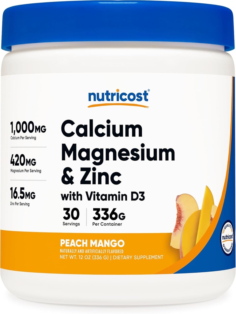 Nutricost Calcium Magnesium Zinkcitrater med D3- vitamin pulver, 30 Serveringer (Peach Mango Flavor)